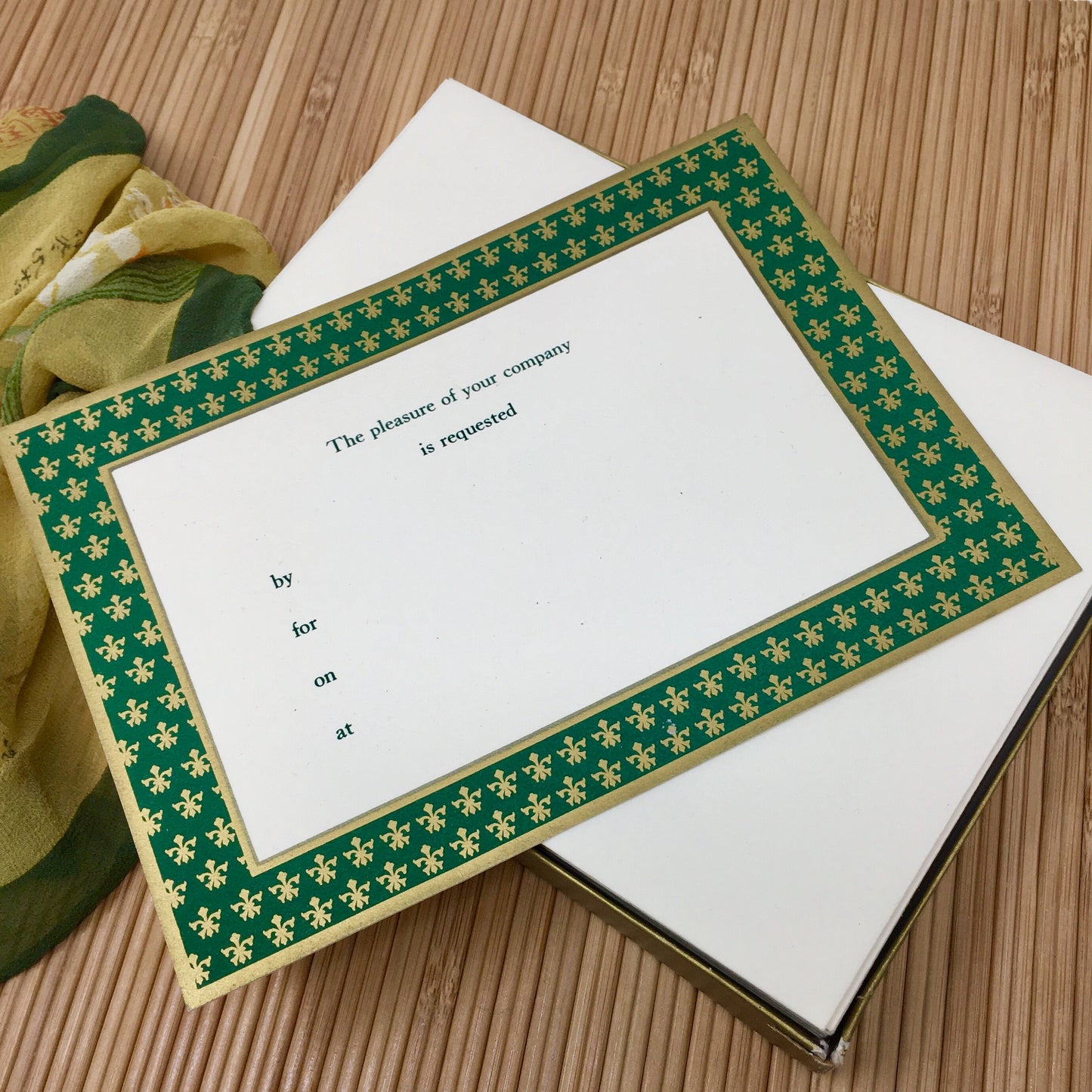 Crane Large Flat Invitations | Green Border Fleur-de-lis