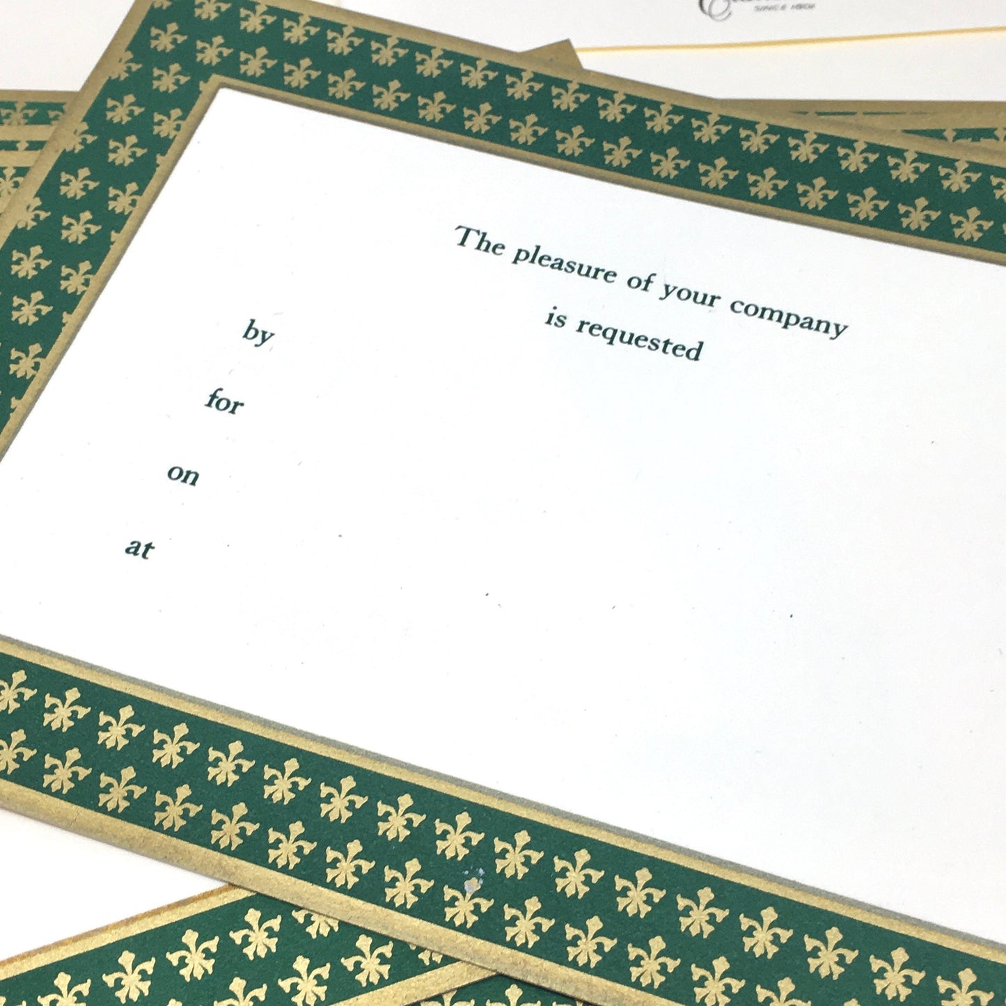 Crane Large Flat Invitations | Green Border Fleur-de-lis