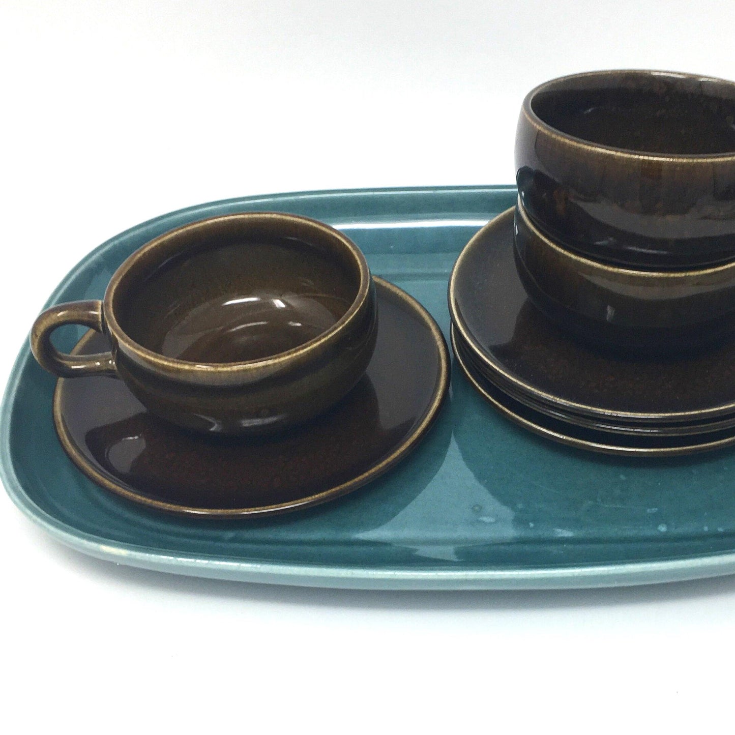 Russel Wright, American Modern, Black Chutney Flat Cup and Saucer, Steubenville Pottery, ca. 1950