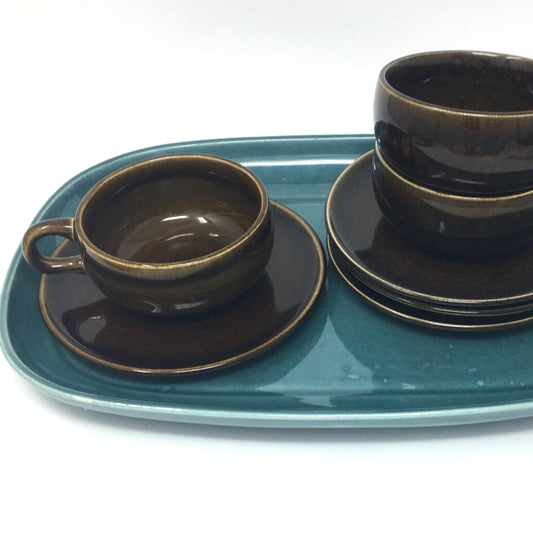 Russel Wright, American Modern, Black Chutney Flat Cup and Saucer, Steubenville Pottery, ca. 1950